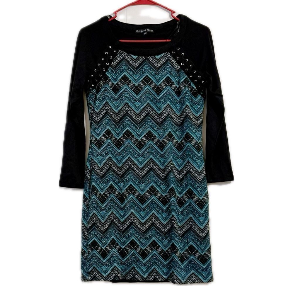 Three Hearts Green‎ and Blue Casual Dress with 3/4 Raglan Sleeves